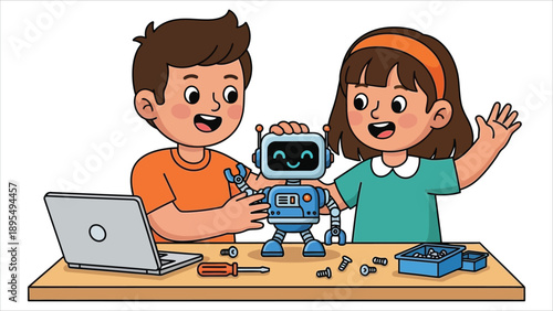 Kids Engineering Class Building Robot STEM Education Vector.