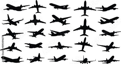 Airplane silhouette vector set, commercial aircraft collection, passenger jet icons, aviation transport symbols isolated on white