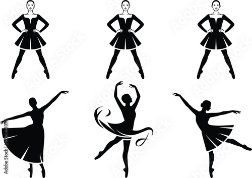 Ballet dancer silhouettes, elegant dance poses, female ballerina, classical ballet, graceful movement, dance art, performing arts, stage performance, black vector illustration, dance silhouette