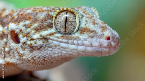 Close-up of a geckos face with its tongue sticking out.