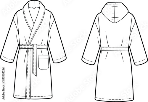 bathrobe, robe, hooded, shawl, collar, belted, pocket, long, sleeve, loungewear, homewear, cozy, warm, fashion, clothing, apparel, vector, design, sketch, illustration