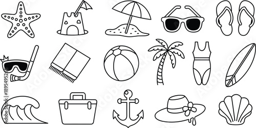 Beach vacation line icons set, summer travel symbols, holiday items, ocean fun elements, outline vector pack for tourism design projects