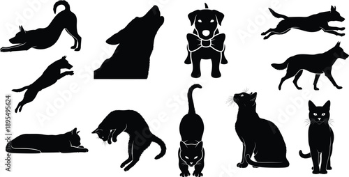 Collection of black silhouettes of dogs and cats in various positions