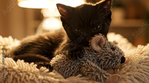 Adorable black kitten cuddling a stuffed hedgehog toy in a cozy bed.
