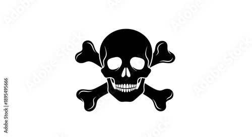A black skull and crossbones symbol on a white background viewed from a straightforward perspective illustrating danger and warning signs