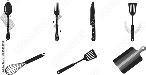 Black and white kitchen utensils vector set including spoon, fork, knife, whisk, spatula, and cutting board icons illustration