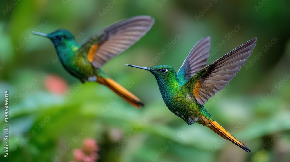 Fototapeta premium Hummingbirds in dynamic wingbeat with long golden tails against emerald foliage in a tropical montane scene