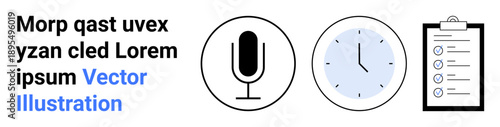 Productivity tools, time management, goal setting, task tracking, workflow organization, communication tools. Microphone, clock and checklist icons. Time management and workflow organization concept