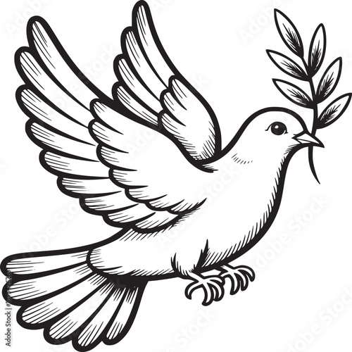 A line drawing of a dove in flight carrying an olive branch in its beak on a white background