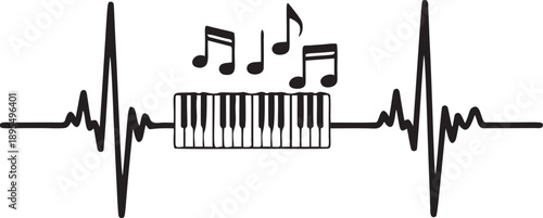 Musical heartbeat with piano keyboard and notes on transparent layer