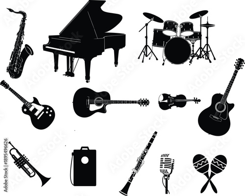 Black silhouette icons of musical instruments including piano, drums, saxophone, guitars, trumpet, violin, clarinet, microphone, maracas, and amplifier