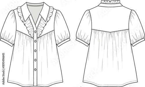 Women’s blouse technical sketch with puff sleeves, ruffled trim, button front, and yoke detail for garment design, flat vector illustration