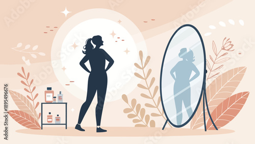Empowering illustration of a silhouetted woman confidently posing before a mirror, reflecting her empowered self. Embodies self-love, body positivity, and personal growth with natural elements.