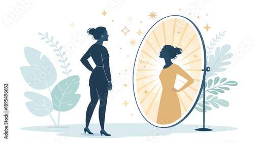 Elegant illustration of a woman in a dark silhouette, looking at her reflection in a glowing mirror that shows her in a radiant yellow dress. Symbolizes transformation and inner radiance.