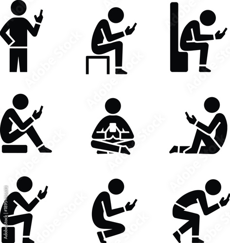 Black silhouette icons of people using mobile phones in various sitting, standing, and squatting positions, smartphone posture illustrations