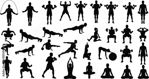 Fitness silhouette collection with workout poses, strength training, yoga, and exercise movements for health design, flat vector illustration