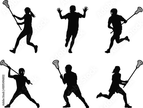 Black silhouette lacrosse players, running, throwing, defending, sports action, athlete, stick, ball, game, competition, dynamic, posture, movement, vector illustration