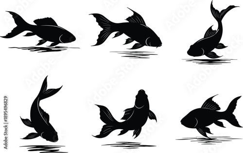 Black silhouette of fish swimming, aquarium fish, koi fish swimming, black and white fish silhouettes, aquatic life, fish illustration, swimming fishes, peaceful water life.