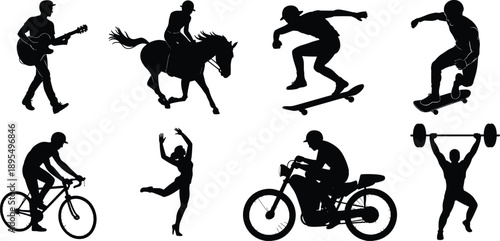 Black silhouette people, guitar playing, horse riding, skateboarding, cycling, dancing, motorcycling, weightlifting, sports, hobbies, lifestyle, vector illustration, design element