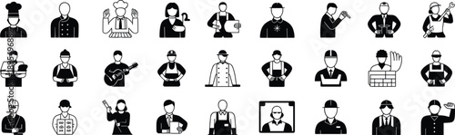 Black silhouette professional and worker icons including chefs, musicians, business people, construction workers, and various job roles for web and apps