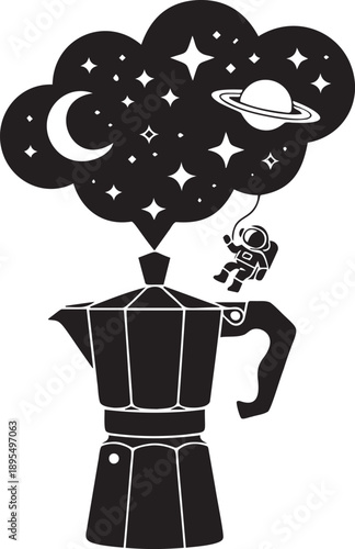 A moka pot brewing cosmic coffee with astronaut and planet
