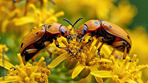 Two orange beetles on a yellow flower, close-up shot.