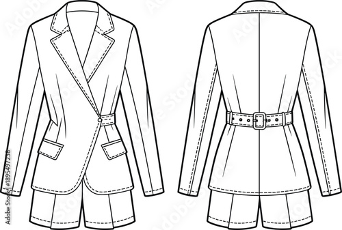 blazer, shorts, set, womenswear, fashion, clothing, apparel, garment, tailored, jacket, lapel, collar, sleeve, pocket, belt, stylish, chic, front, back, vector, illustration