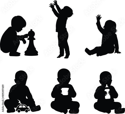 Child silhouettes, play and interaction poses, toy and bottle icons, early development, black vector set, toddler illustration, behavior design