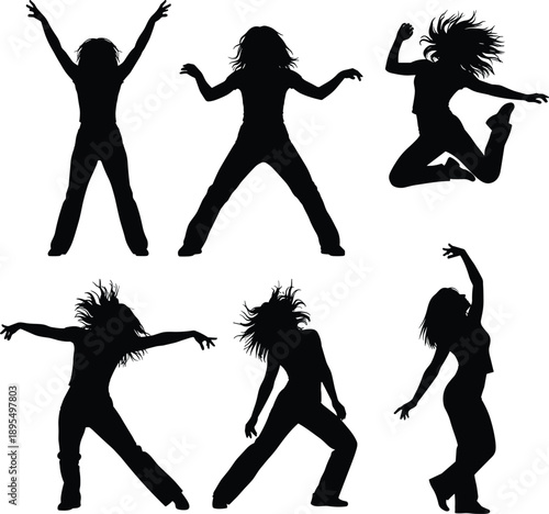 Dance silhouettes, energetic poses, expressive movement, jumping figure, fluid gestures, black vector set, motion illustration, artistic choreography icons