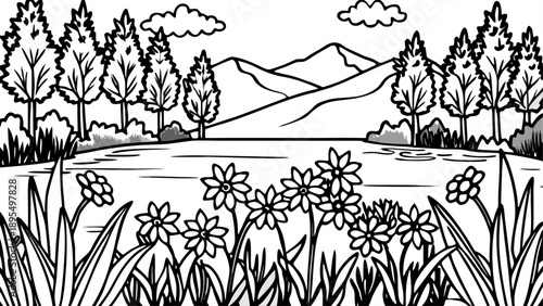 Very beautiful serene lakeside landscape with colorful wildflowers in full bloom, surrounded by lush green meadows, reflecting a peaceful and idyllic atmosphere captured in ultra-realistic high-defini