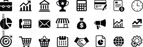 Business and finance icon set including charts, bank, calendar, calculator, credit card, marketing, shopping, handshake, and gear.