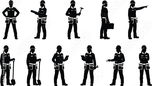 Construction worker silhouettes, hard hat icons, toolbox, blueprint, hammer, wrench, shovel, inspection, labor poses, vector set, black figures