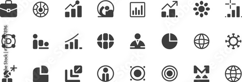 Business and analytics icon set, growth and data visualization symbols, statistics and globe vector, pie charts and performance graphics
