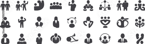 Business and teamwork icons featuring people, leaders, managers, collaboration, communication, presentations, groups, call center, remote work, and cooperation