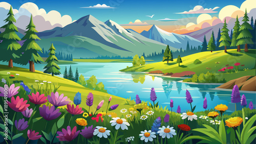Very beautiful serene lakeside landscape with colorful wildflowers in full bloom, surrounded by lush green meadows, reflecting a peaceful and idyllic atmosphere captured in ultra-realistic high-defini