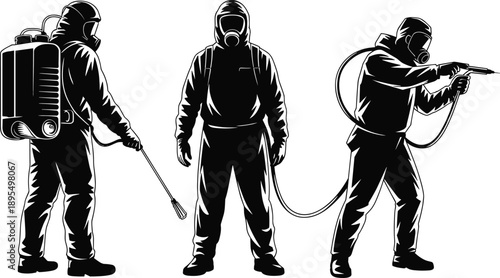 Hazmat suit silhouettes, protective gear icons, chemical sprayer, sanitation workers, pest control, gas mask, vector set, black figures