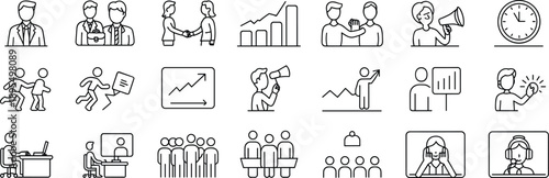 Business and teamwork icons for productivity, communication, management, leadership, meetings, presentations, growth, collaboration, strategy, remote work, and corporate success