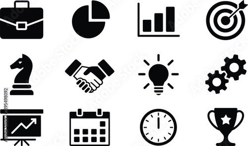 Business and strategy icon set with pie chart, lightbulb, chess knight, handshake, calendar, and trophy. Vector silhouette illustrations.