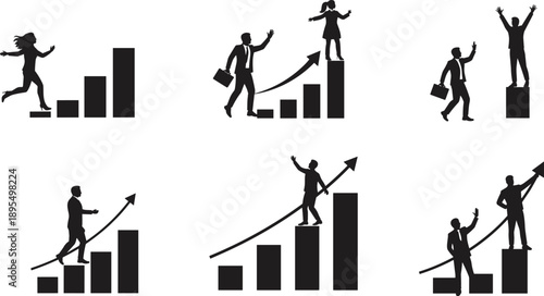 Business growth and success icons, silhouettes of people climbing and reaching goals, increasing bar graphs, upward arrows, achievement concept