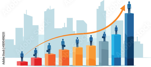 Business growth success concept, career progress chart with people standing on bars, financial performance illustration isolated background