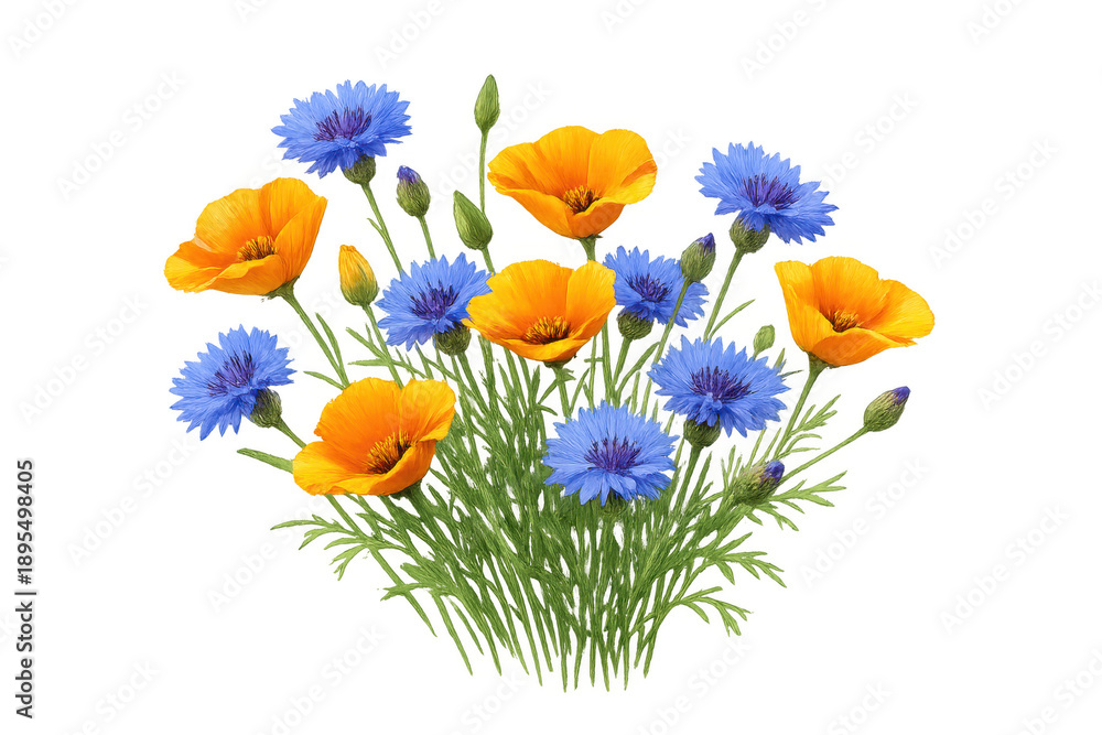Obraz premium Blue cornflowers and orange poppies blooming, creating a vibrant spring or summer meadow bouquet on transparent background