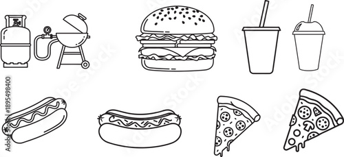 Flat design food collection with burgers, fries, tacos, and sandwiches Vector