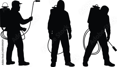 Sprayer worker silhouettes, pest control icons, sanitation gear, backpack sprayer, chemical application, protective suit, vector set, black figures