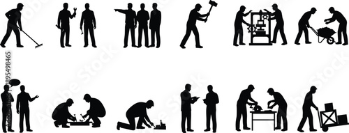 Teamwork silhouettes, industrial labor icons, workers assembling, discussing, sweeping, lifting, repairing, construction tasks, black figures, vector set