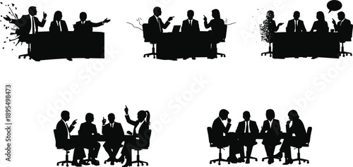 Business Meeting Silhouettes Vector Set, Corporate Team Discussion, Office Collaboration, Professional Group Talking, Teamwork, Brainstorming, Communication, Leadership, Conference Room
