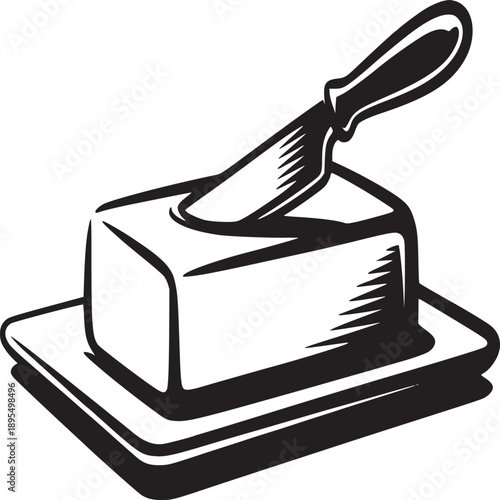 A black and white graphic illustration of a butter block with a knife on a rectangular plate art
