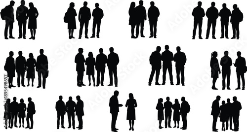 Business people group silhouettes illustration, men women standing talking teamwork concept, black vector isolated crowd design