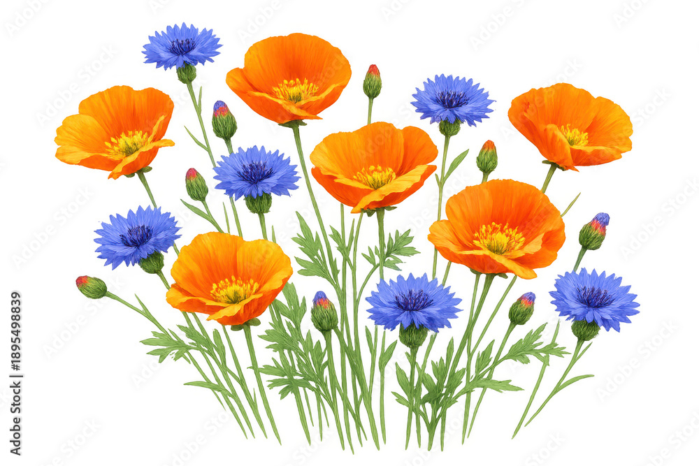 Fototapeta premium California poppies and cornflowers blooming, showcasing vibrant orange and blue wildflowers with green stems