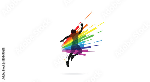 Silhouette of Person Jumping with Horizontal Rainbow Color Streaks and Graphic Trails
