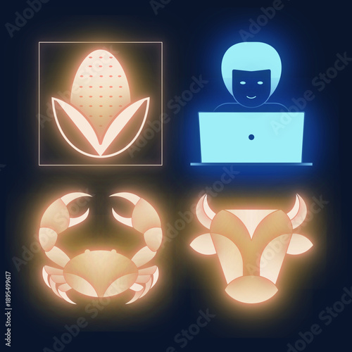 A Collection of Vibrant Glowing Neon Vector Icons Featuring a Bird, Happy Person, Rainbow, and Flame for Modern Graphic Design Projects